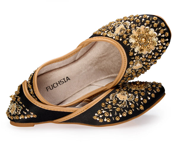 Midnight Glamour Black Satin Jutti Flats | Hand-Beaded Embroidery